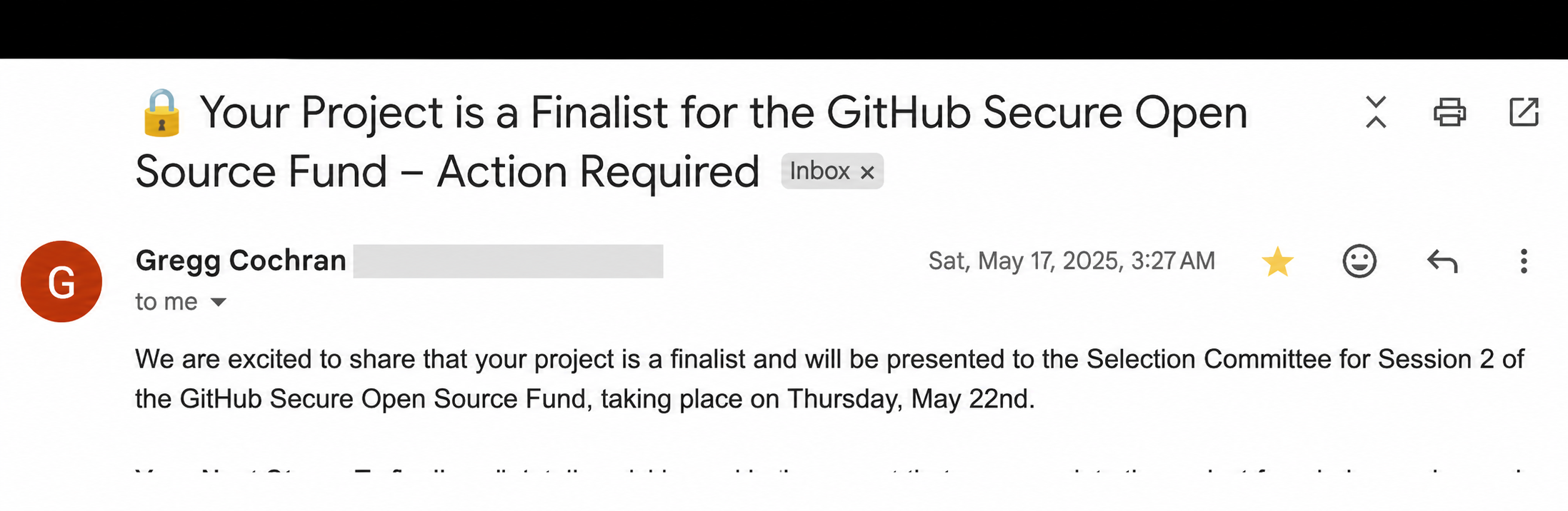 Email from GitHub informing DataJourney that it was a finalist for Session 2 of the Secure Open Source Fund