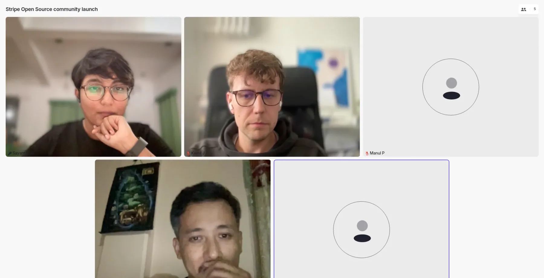 Five participants in the first online gathering of the Stripe Open Source Community